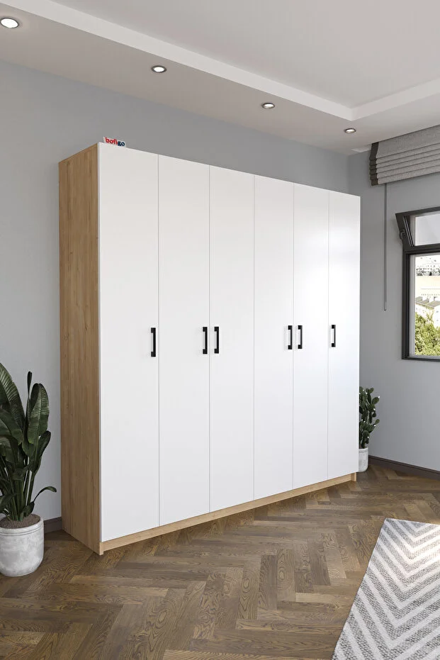 6 Kapaklı 16 Raflı Gardırop Elbise Dolabı 6 Kapaklı Gardırop Smyrna Safir Meşe Beyaz